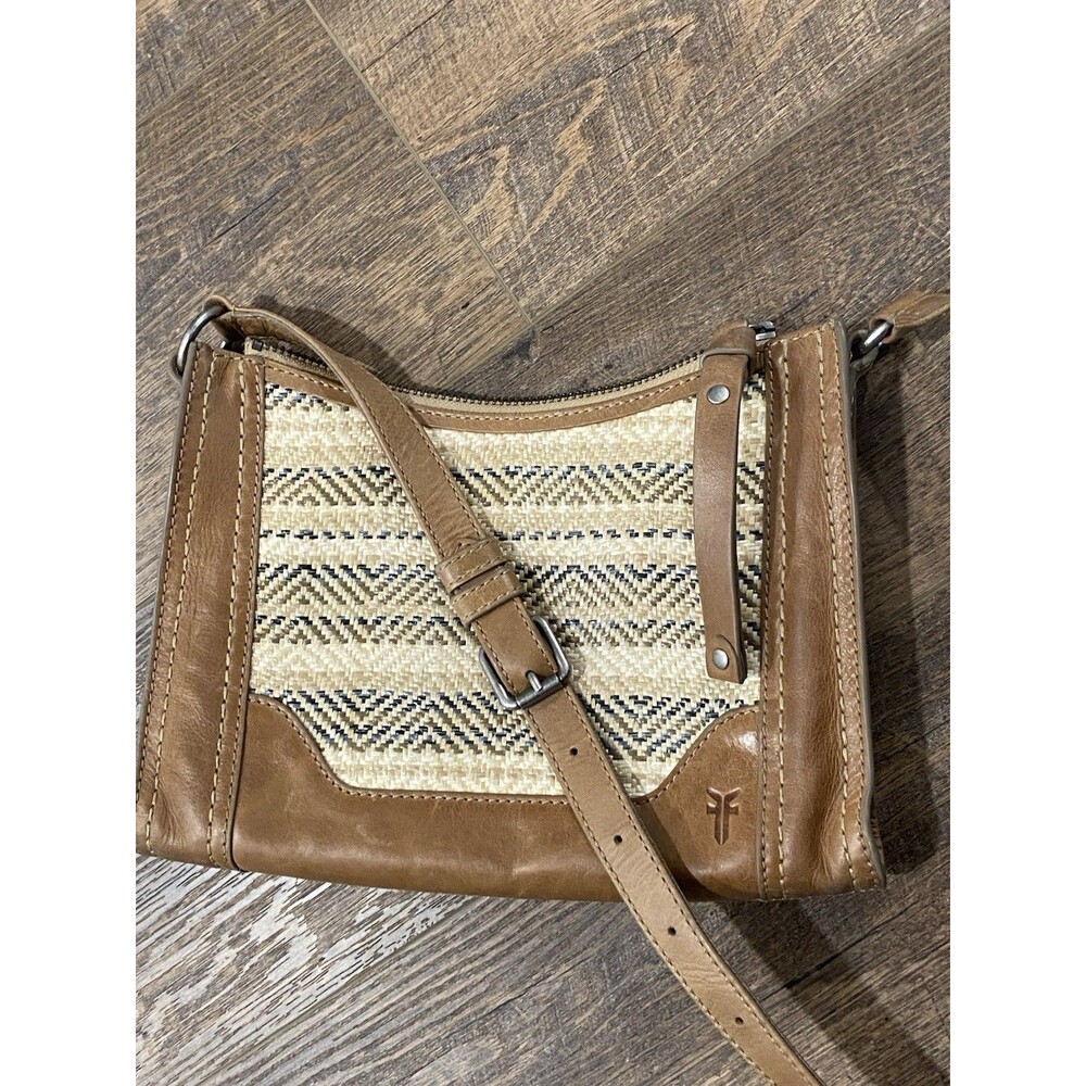 Frye Melissa Straw and Leather Shopper Crossbody Bag Beige brown multi